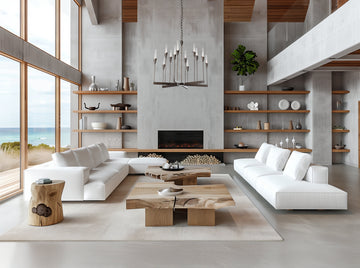 High ceiling lighting solution combining chandelier light and pendant light for a functional living room | Ocean Pacific Lighting Canada