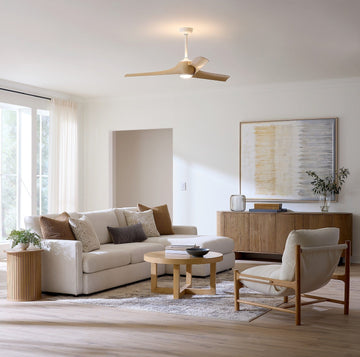OPL modern wood ceiling fan with an integrated light in a bright contemporary living room.