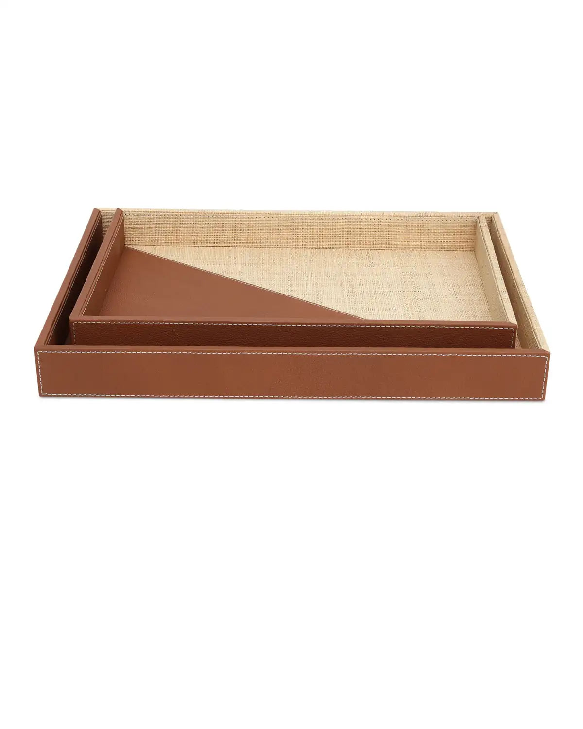 CURREY & COMPANY LEATHER & RAFFIA TRAY SET OF 2 - Decorative Accents