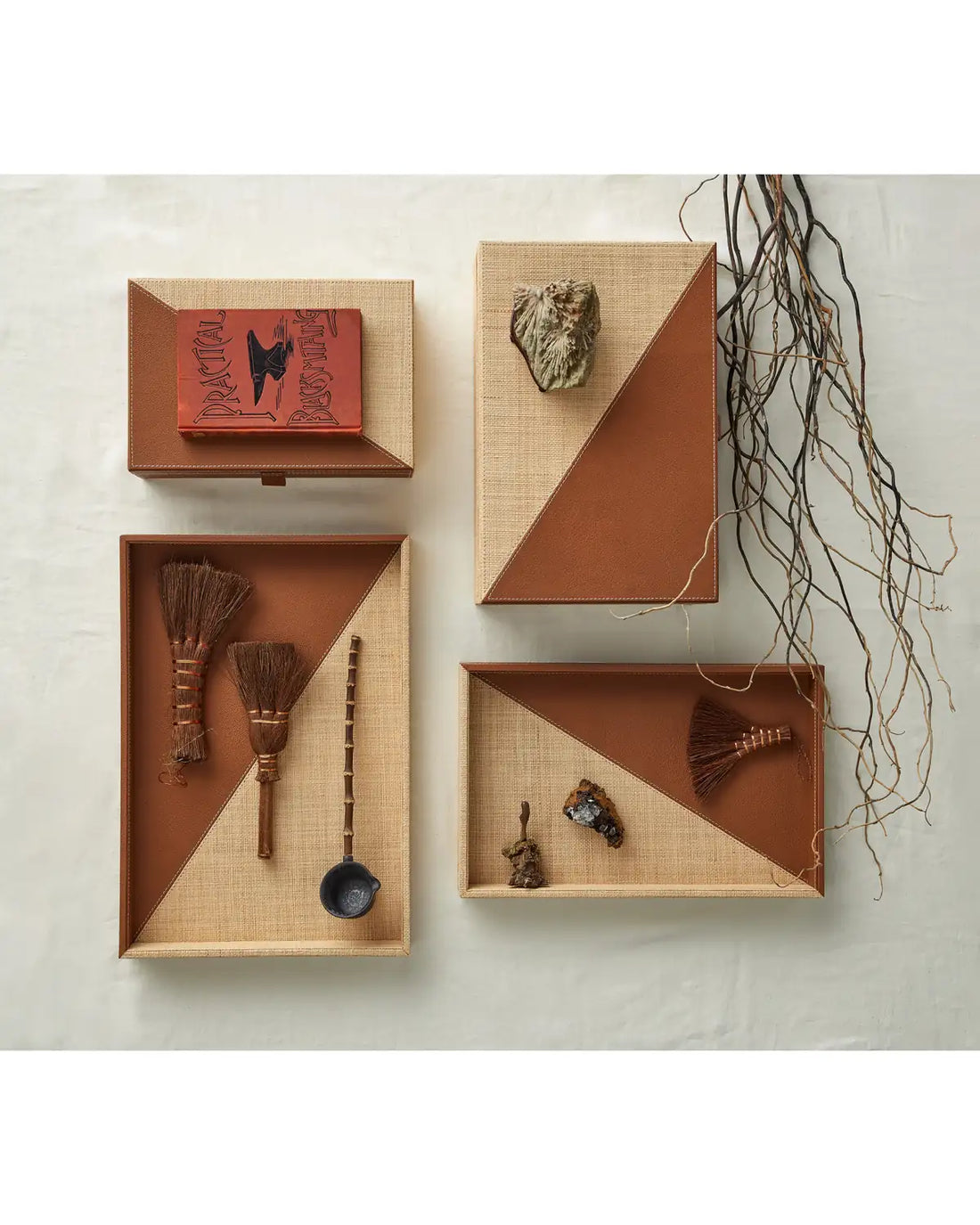 CURREY & COMPANY LEATHER & RAFFIA TRAY SET OF 2 - Decorative Accents