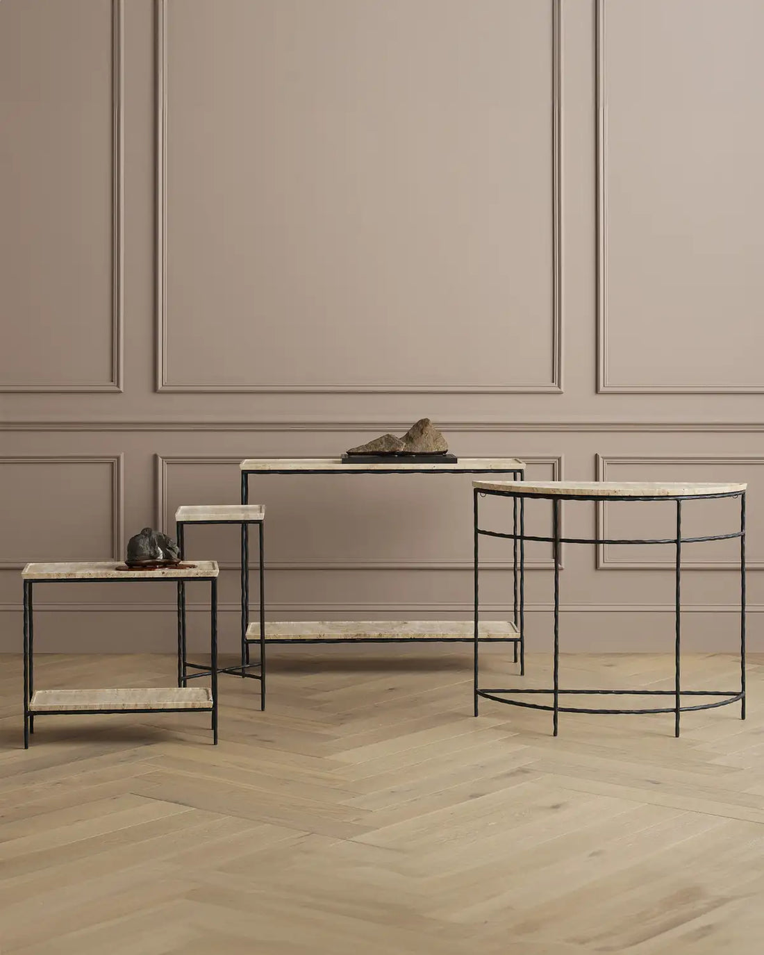 CURREY & COMPANY BOYLES TRAVERTINE DEMI-LUNE TABLE - Dining Tables