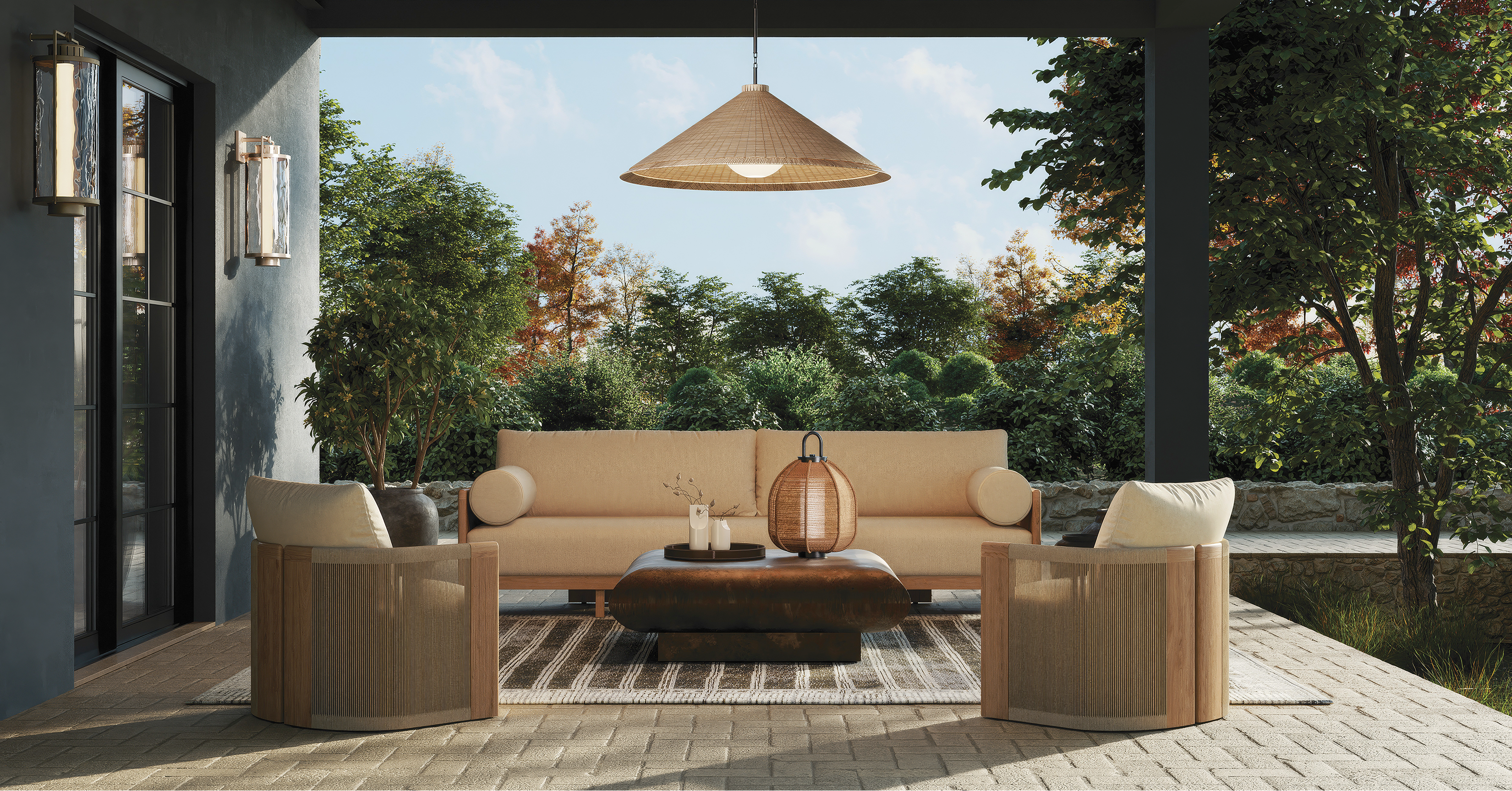 Outdoor patio setting with beige sofa, wooden ottoman, and hanging lamp under a clear sky.slider_item_yQWtgH