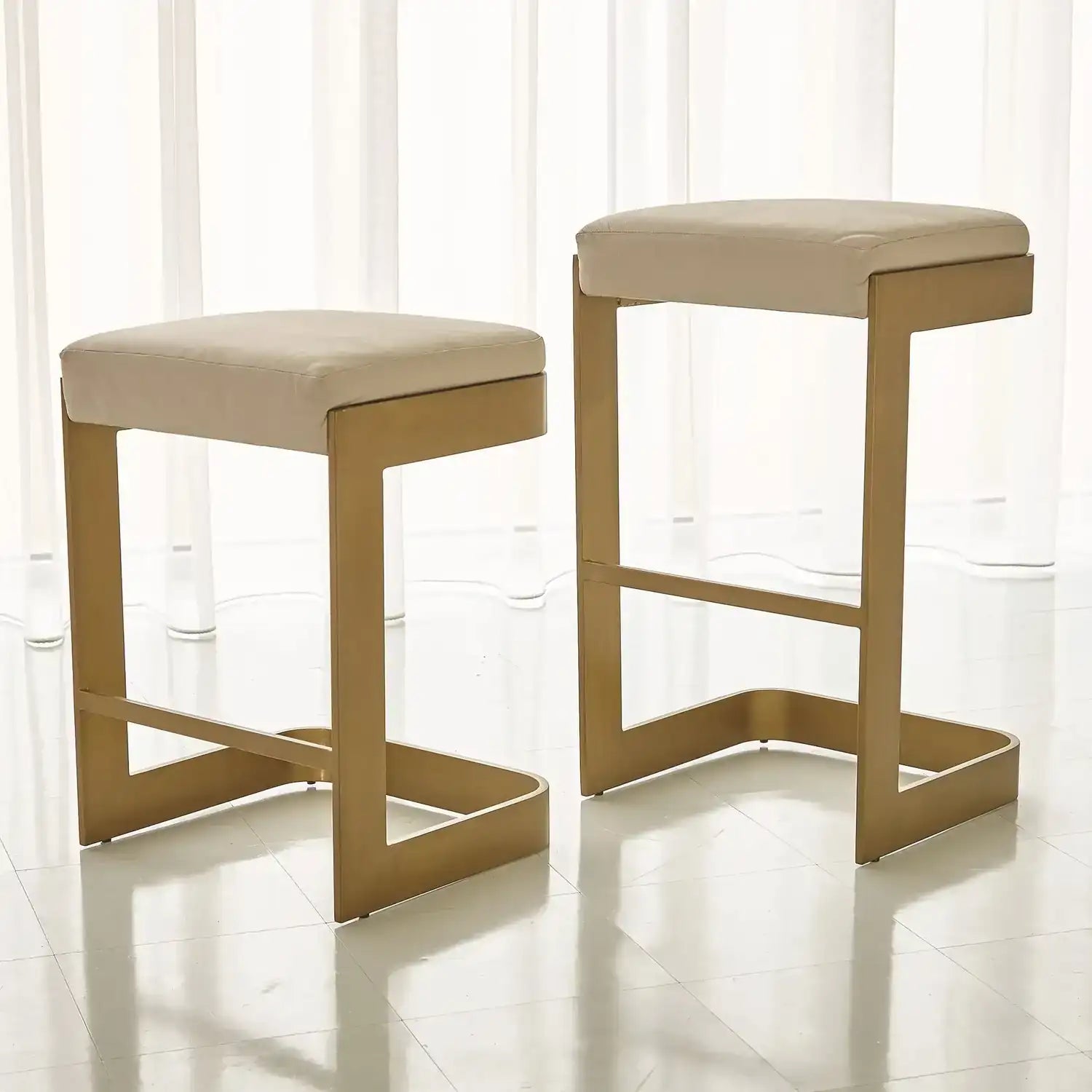 GLOBAL VIEWS REGAN LOW BAR STOOL W/IVORY LEATHER - Bar Stools