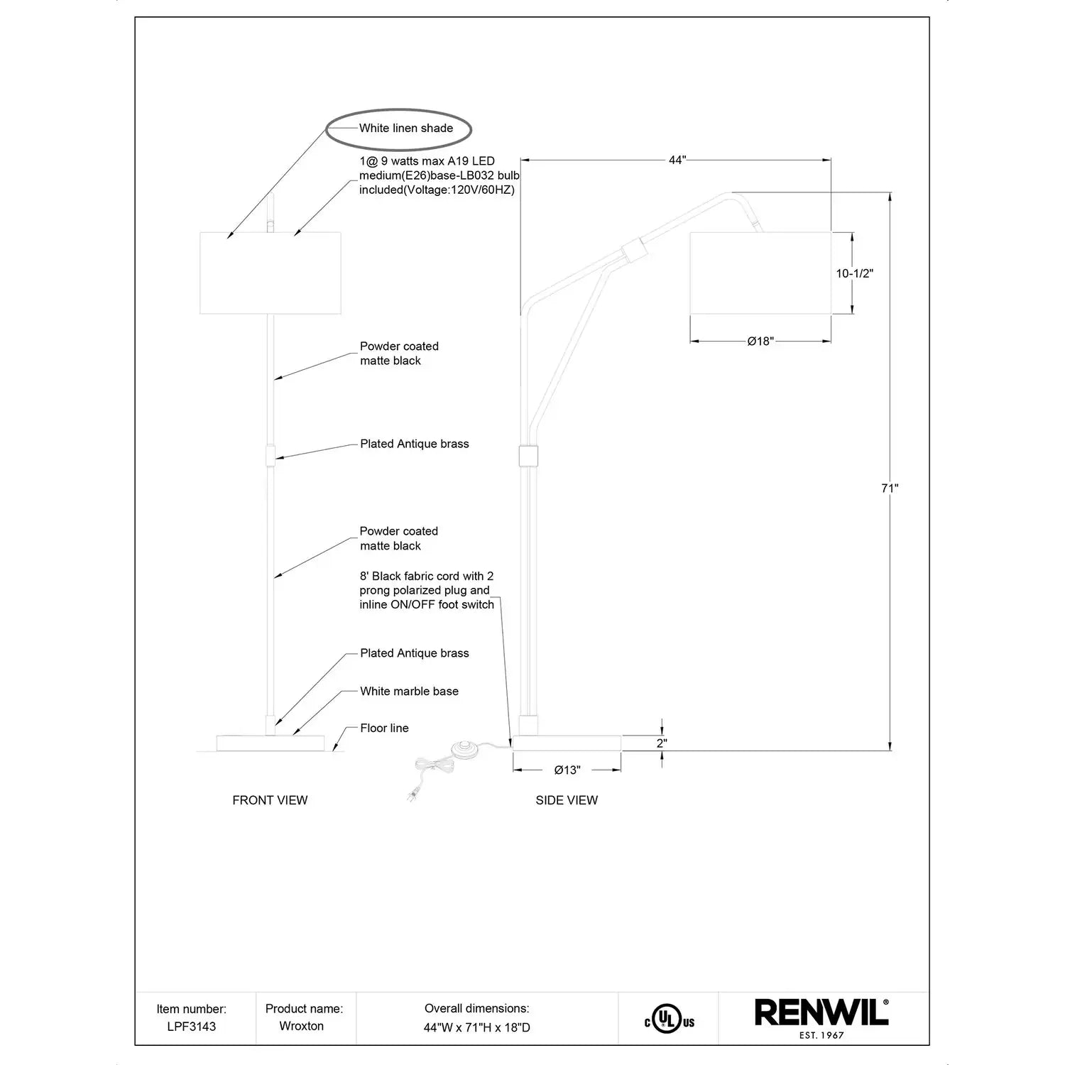 RENWIL, WROXTON FLOOR LAMP, FLOOR LAMP