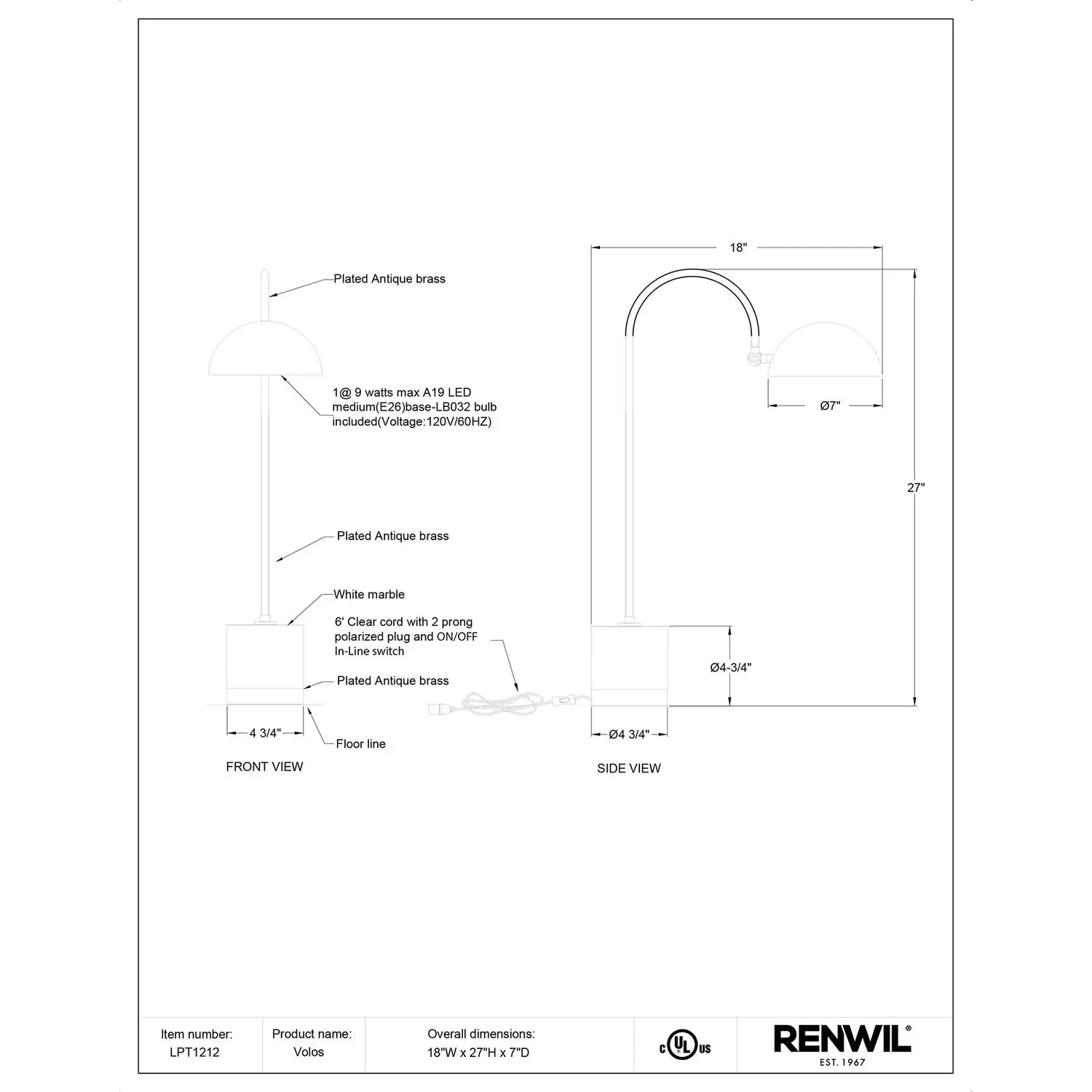 RENWIL, VOLOS TABLE LAMP, TABLE LAMPS