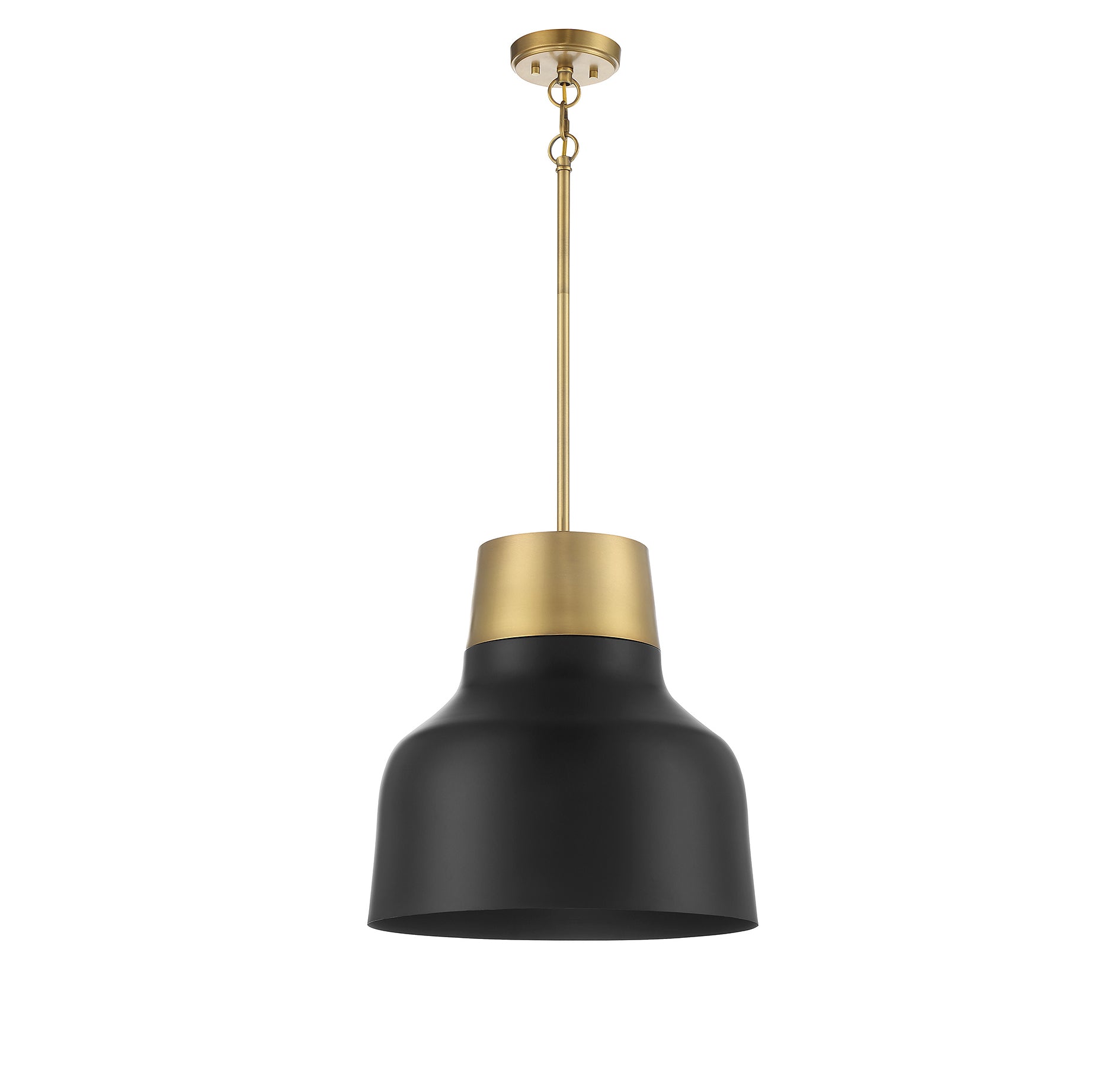 MERIDIAN, VINTAGE MID-CENTURY MODERN MATTE BLACK WITH NATURAL BRASS PENDANT, PENDANT LIGHT