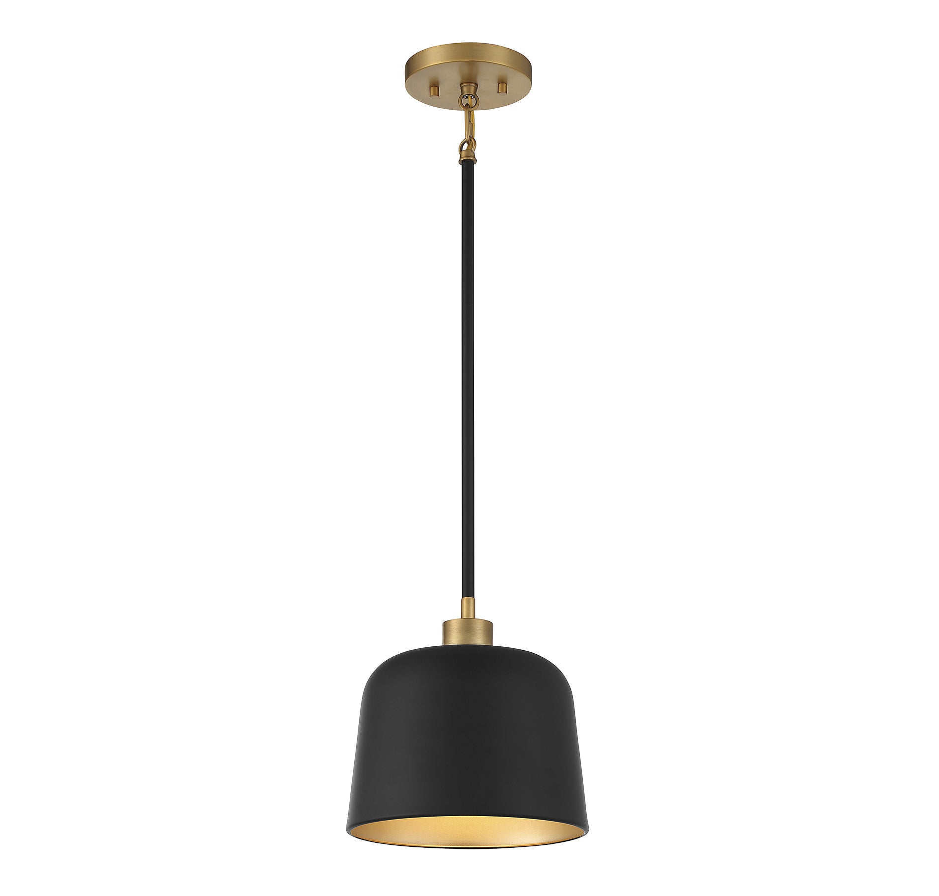 MERIDIAN, VINTAGE MID-CENTURY MODERN MATTE BLACK WITH NATURAL BRASS PENDANT, PENDANT LIGHT