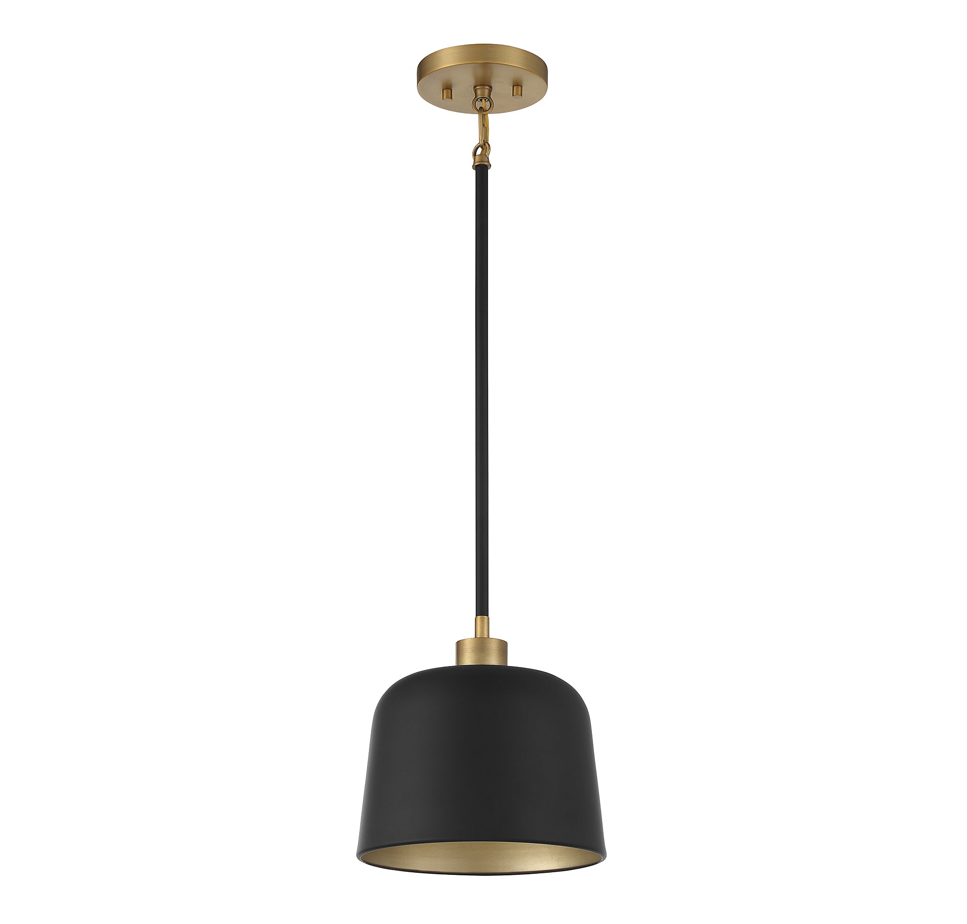 MERIDIAN, VINTAGE MID-CENTURY MODERN MATTE BLACK WITH NATURAL BRASS PENDANT, PENDANT LIGHT