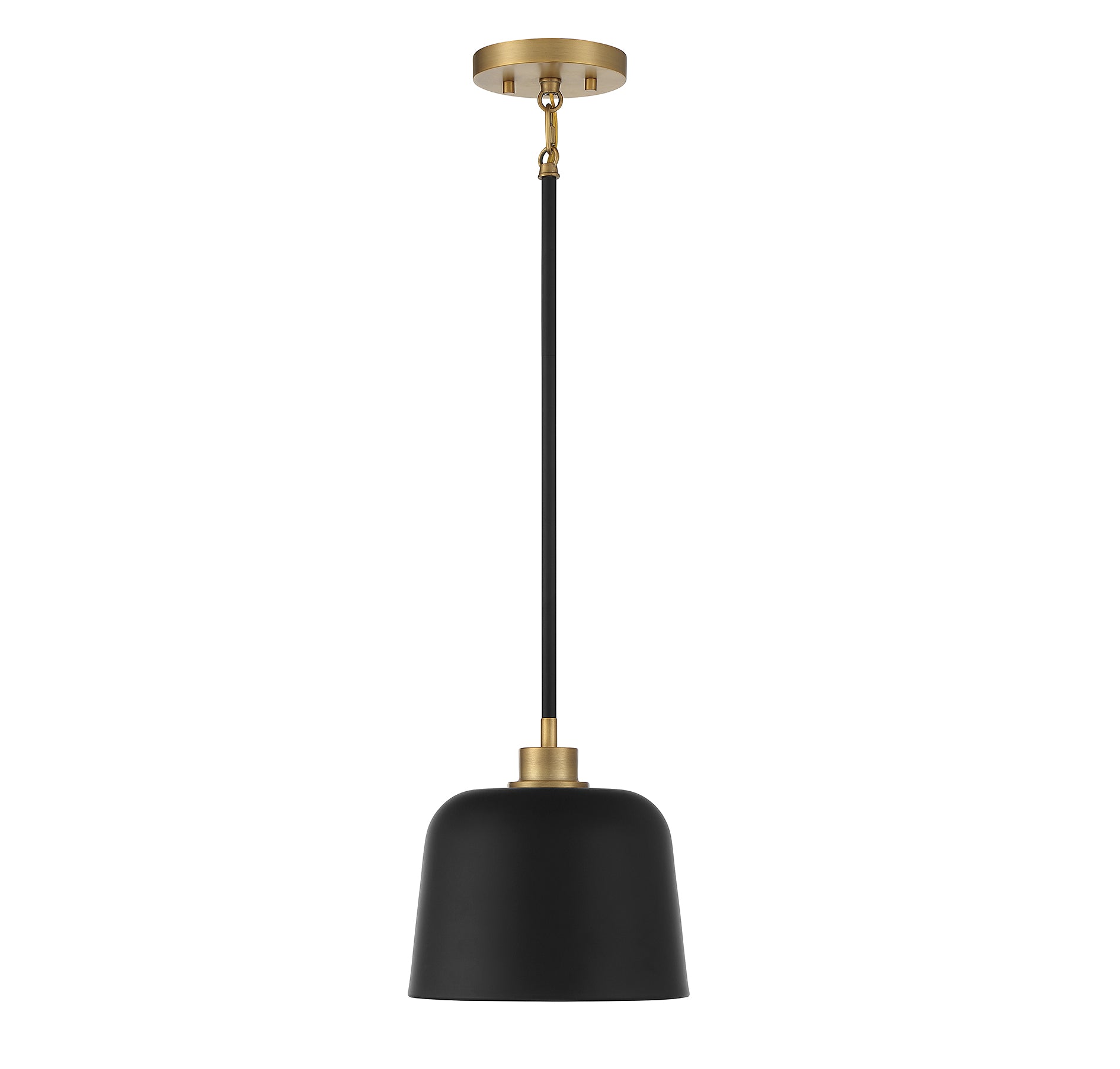 MERIDIAN, VINTAGE MID-CENTURY MODERN MATTE BLACK WITH NATURAL BRASS PENDANT, PENDANT LIGHT