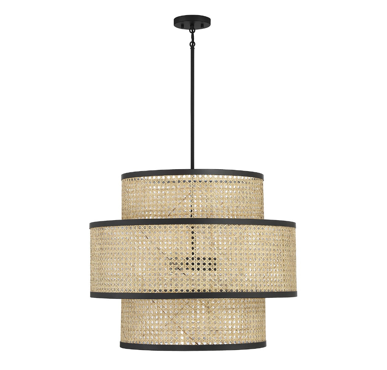 MERIDIAN, MID-CENTURY MODERN NATURAL CANE WITH MATTE BLACK PENDANT, PENDANT LIGHT