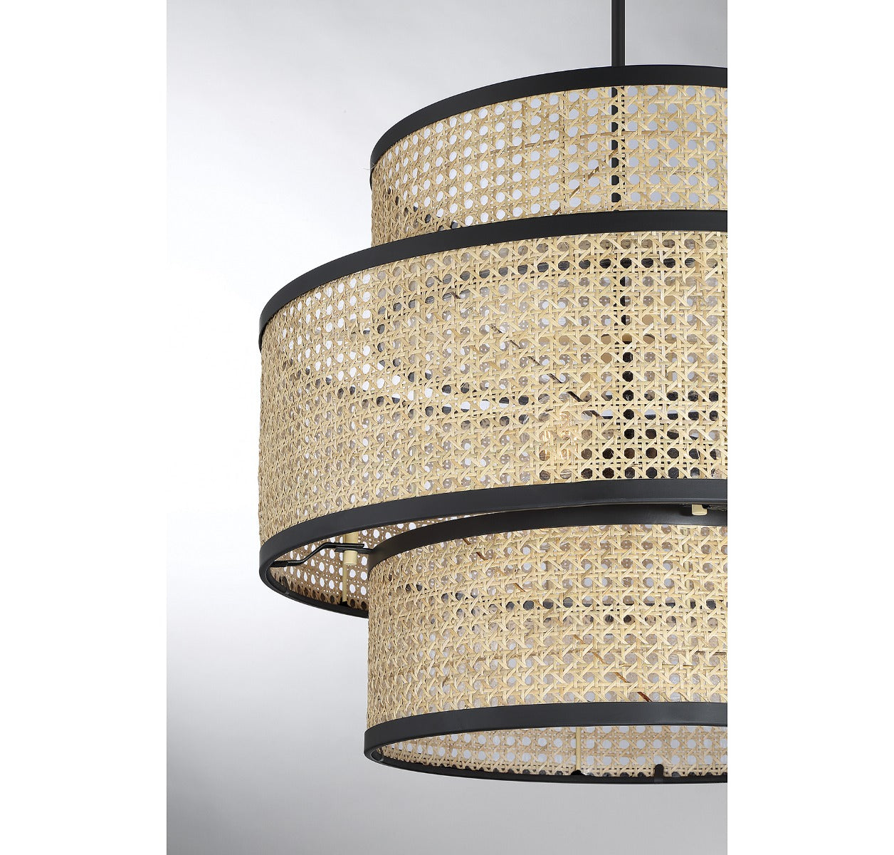 MERIDIAN, MID-CENTURY MODERN NATURAL CANE WITH MATTE BLACK PENDANT, PENDANT LIGHT