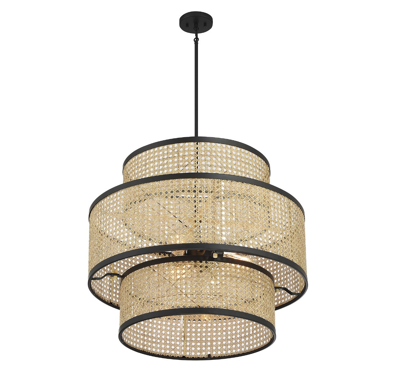 MERIDIAN, MID-CENTURY MODERN NATURAL CANE WITH MATTE BLACK PENDANT, PENDANT LIGHT