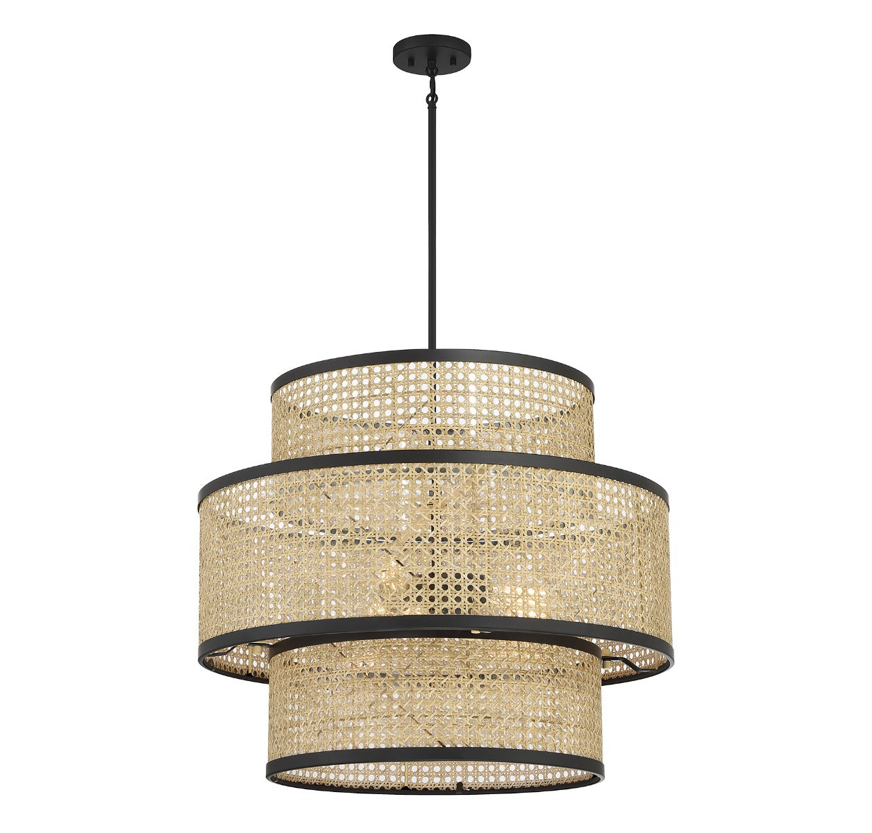 MERIDIAN, MID-CENTURY MODERN NATURAL CANE WITH MATTE BLACK PENDANT, PENDANT LIGHT