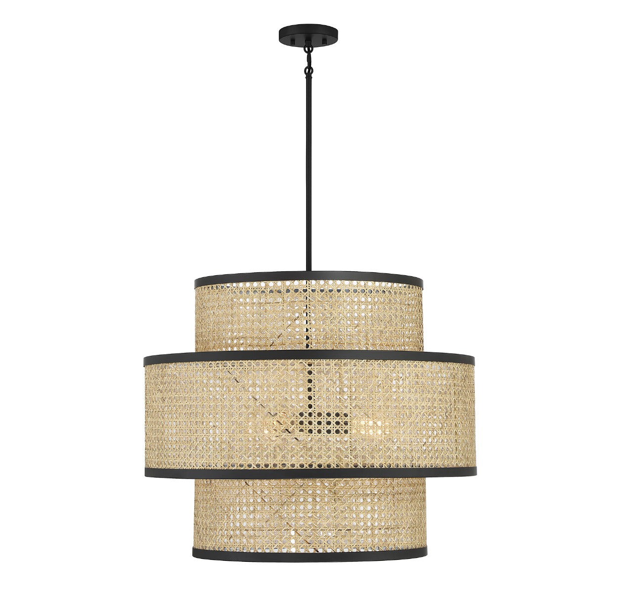 MERIDIAN, MID-CENTURY MODERN NATURAL CANE WITH MATTE BLACK PENDANT, PENDANT LIGHT