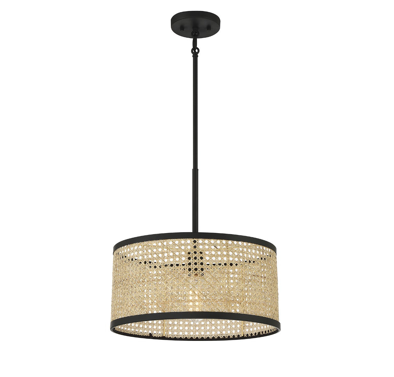 MERIDIAN, MID-CENTURY MODERN NATURAL CANE WITH MATTE BLACK PENDANT, PENDANT LIGHT