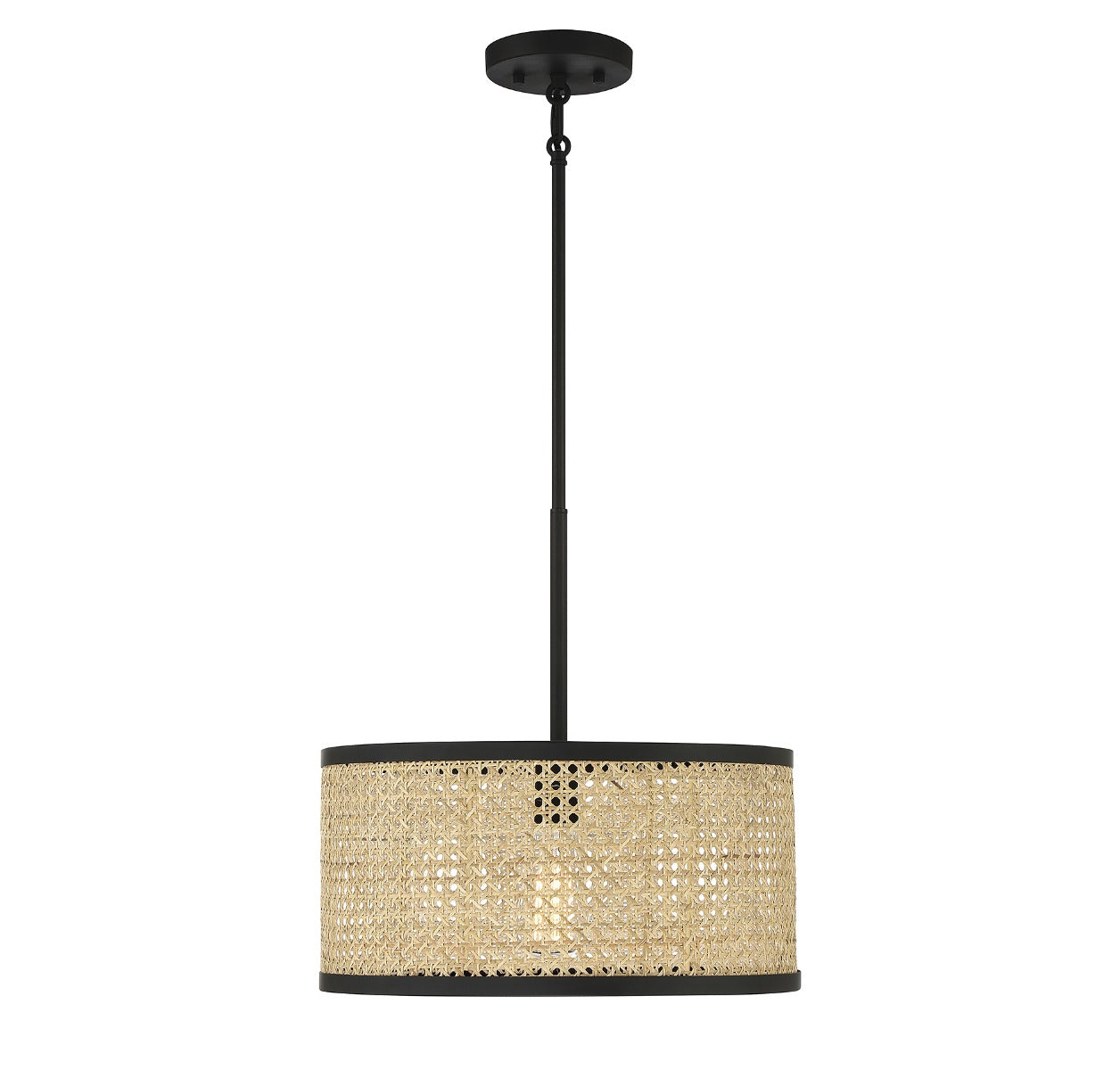 MERIDIAN, MID-CENTURY MODERN NATURAL CANE WITH MATTE BLACK PENDANT, PENDANT LIGHT