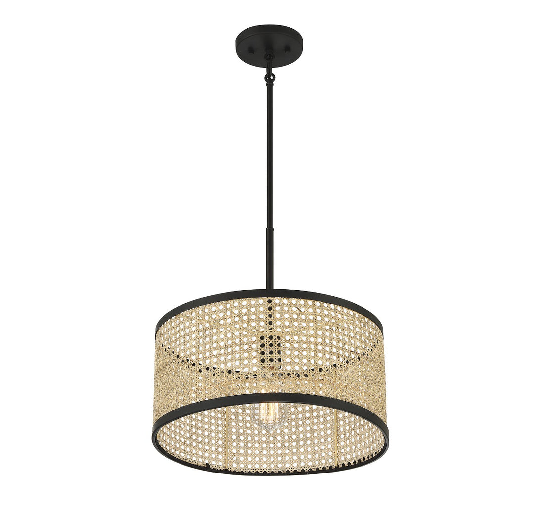 MERIDIAN, MID-CENTURY MODERN NATURAL CANE WITH MATTE BLACK PENDANT, PENDANT LIGHT