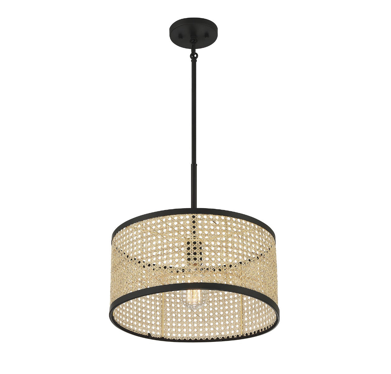 MERIDIAN, MID-CENTURY MODERN NATURAL CANE WITH MATTE BLACK PENDANT, PENDANT LIGHT