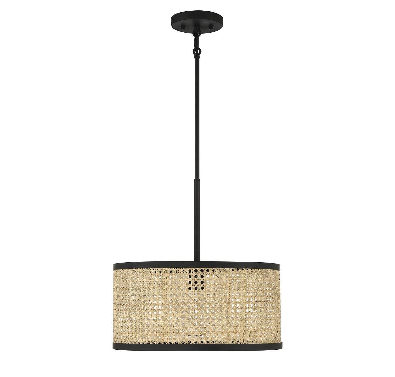 MERIDIAN, MID-CENTURY MODERN NATURAL CANE WITH MATTE BLACK PENDANT, PENDANT LIGHT