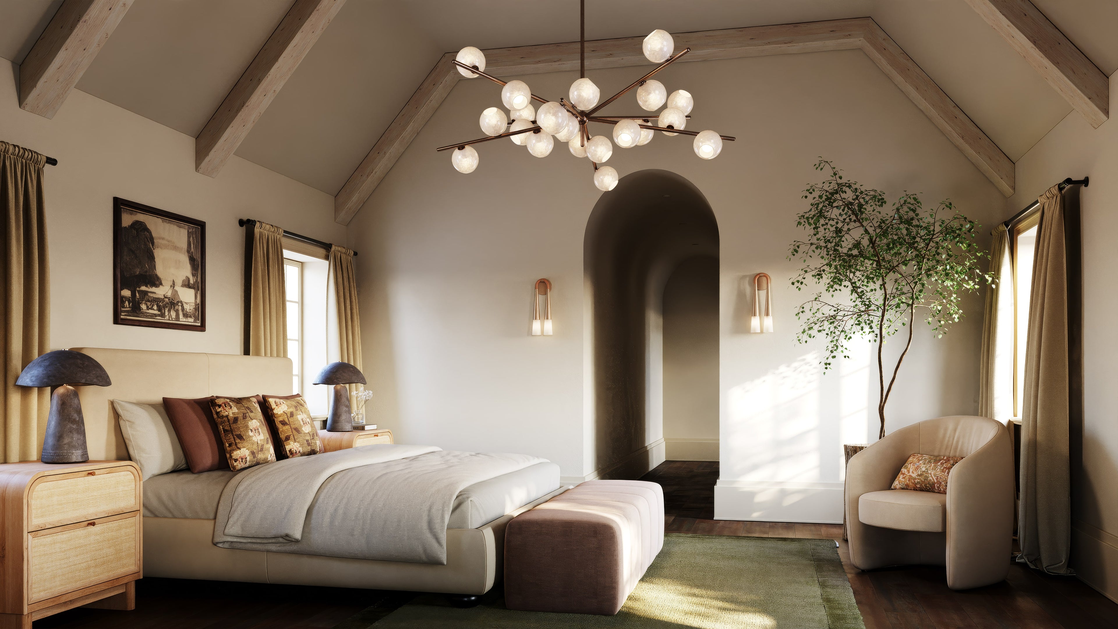 Modern bedroom with a vaulted ceiling, chandelier, and neutral decor.slider_item_X3c3Jh