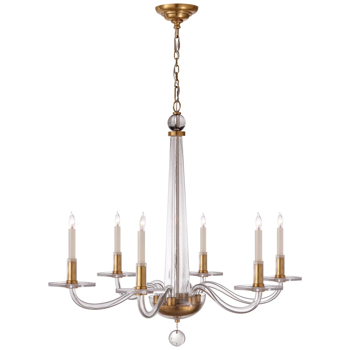 VISUAL COMFORT SIGNATURE, BERNARDO CHANDELIER ANTIQUE-BURNISHED BRASS AND CLEAR GLASS, CHANDELIER LIGHT