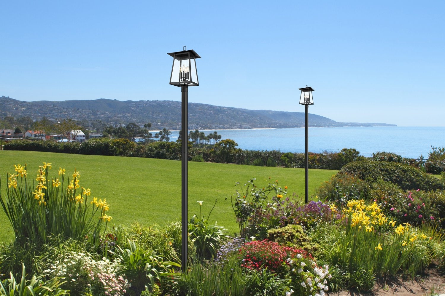 Z-LITE RAINER 4 LIGHT OUTDOOR POST MOUNTED FIXTURE | 5015PHBR-5009P96-BK - Post