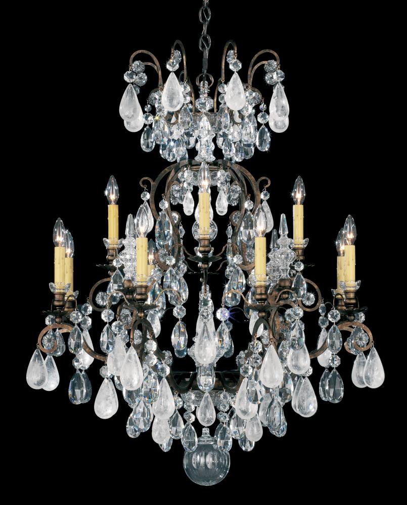 Renaissance Rock Crystal 13 Light 120V Chandelier in Etruscan Gold with Olivine & Smoke Quartz Cry