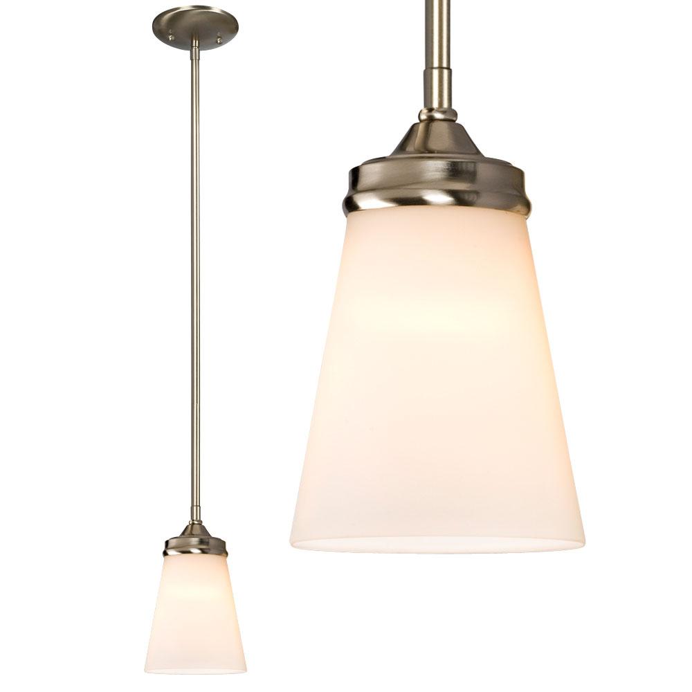 Mini Pendant - in Brushed Nickel finish with White Glass, includes 6&#34;, 12&#34; & 18&#34; Extensi