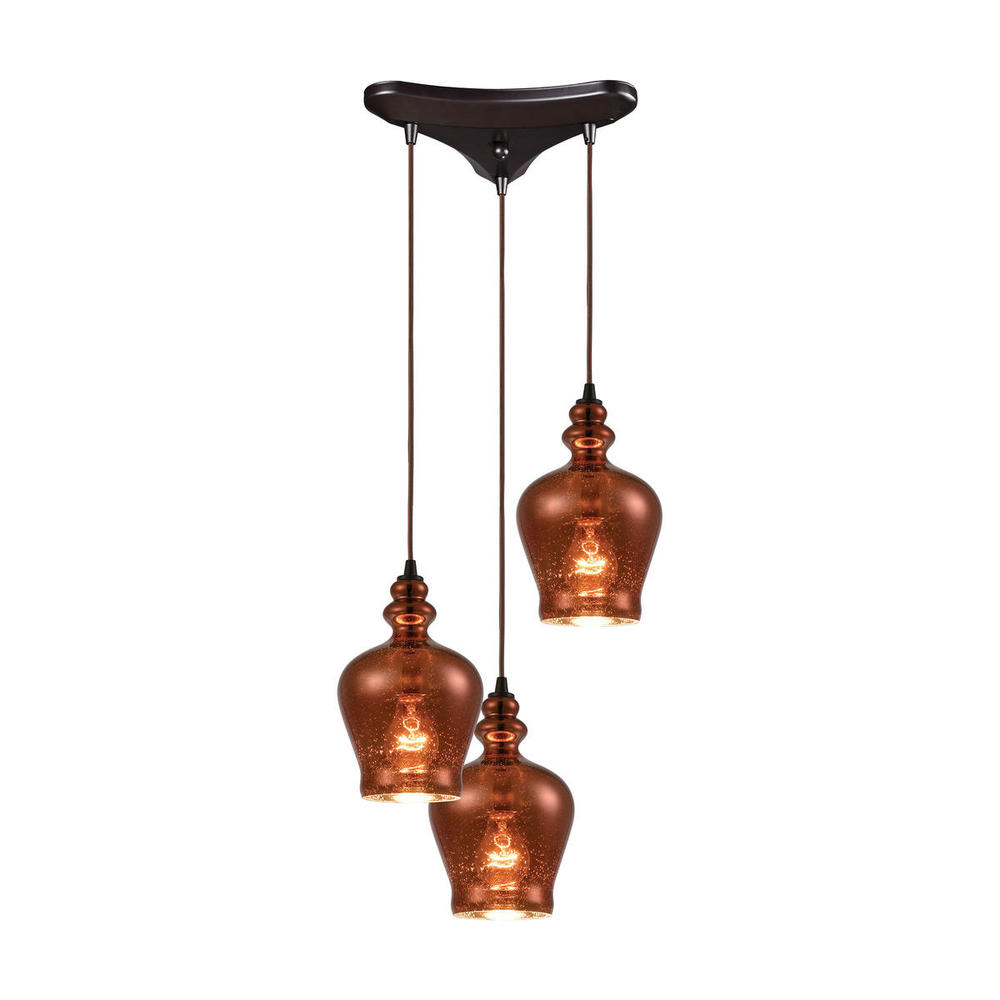 Menlow Park 3-Light Triangular Mini Pendant Fixture in Oil Rubbed Bronze with Copper Plated Glass